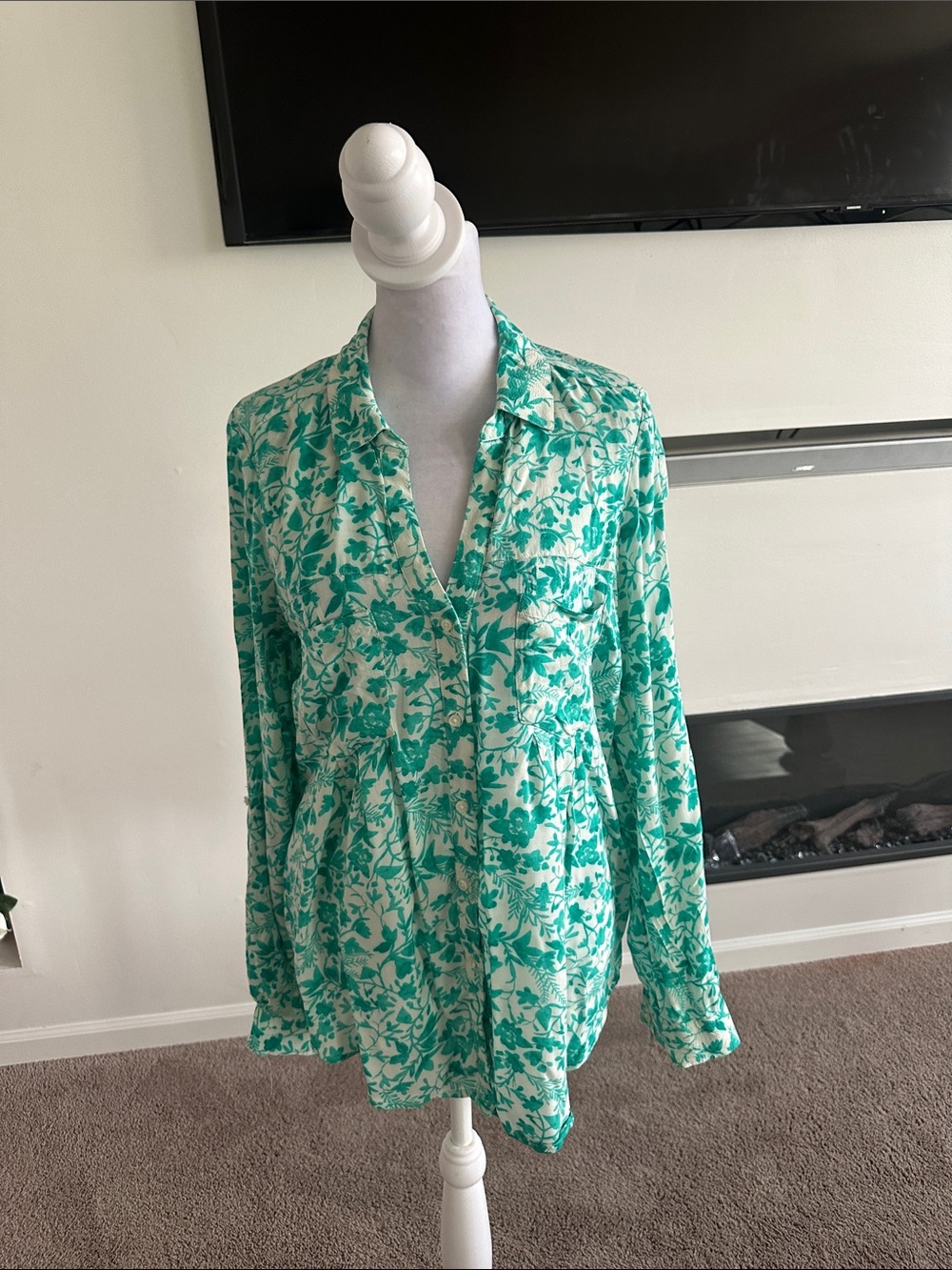 Maeve Green and Cream Floral Button-Front Blouse